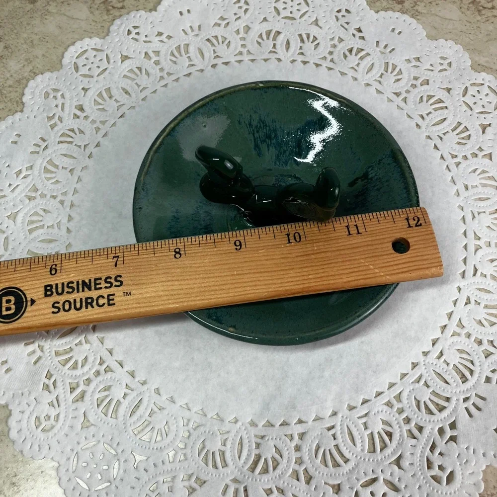Studio Pottery Prickly Pear Ring Dish 4in Teal Green Handmade Ceramic Signed TCS